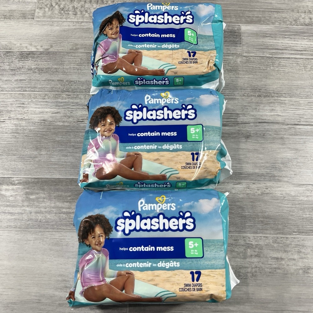 Lot of 3 - Pampers Splashers Swim Diapers Size 5+, 17 Count, Size (Large) NEW